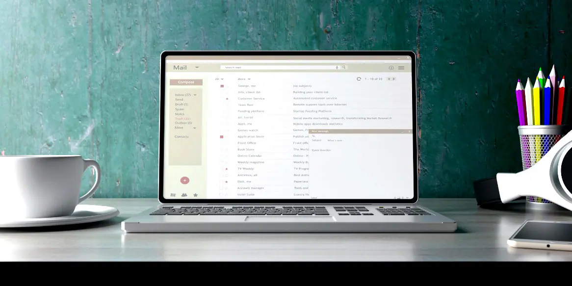 Laptop computer with emails list on screen. 3d illustration